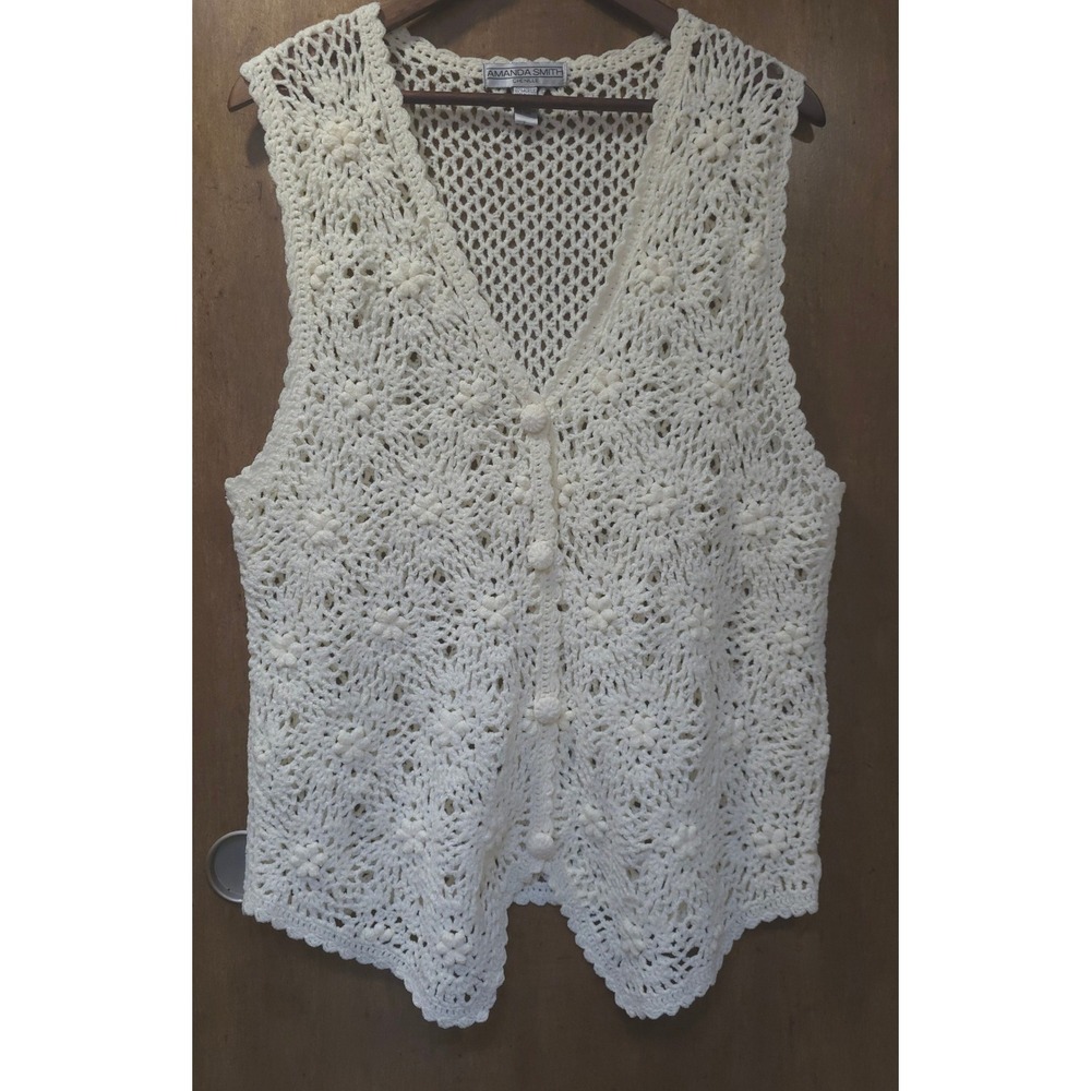 Amanda Smith Vintage Chenille Crochet Sweater Vest Cream Button Front Large EUC